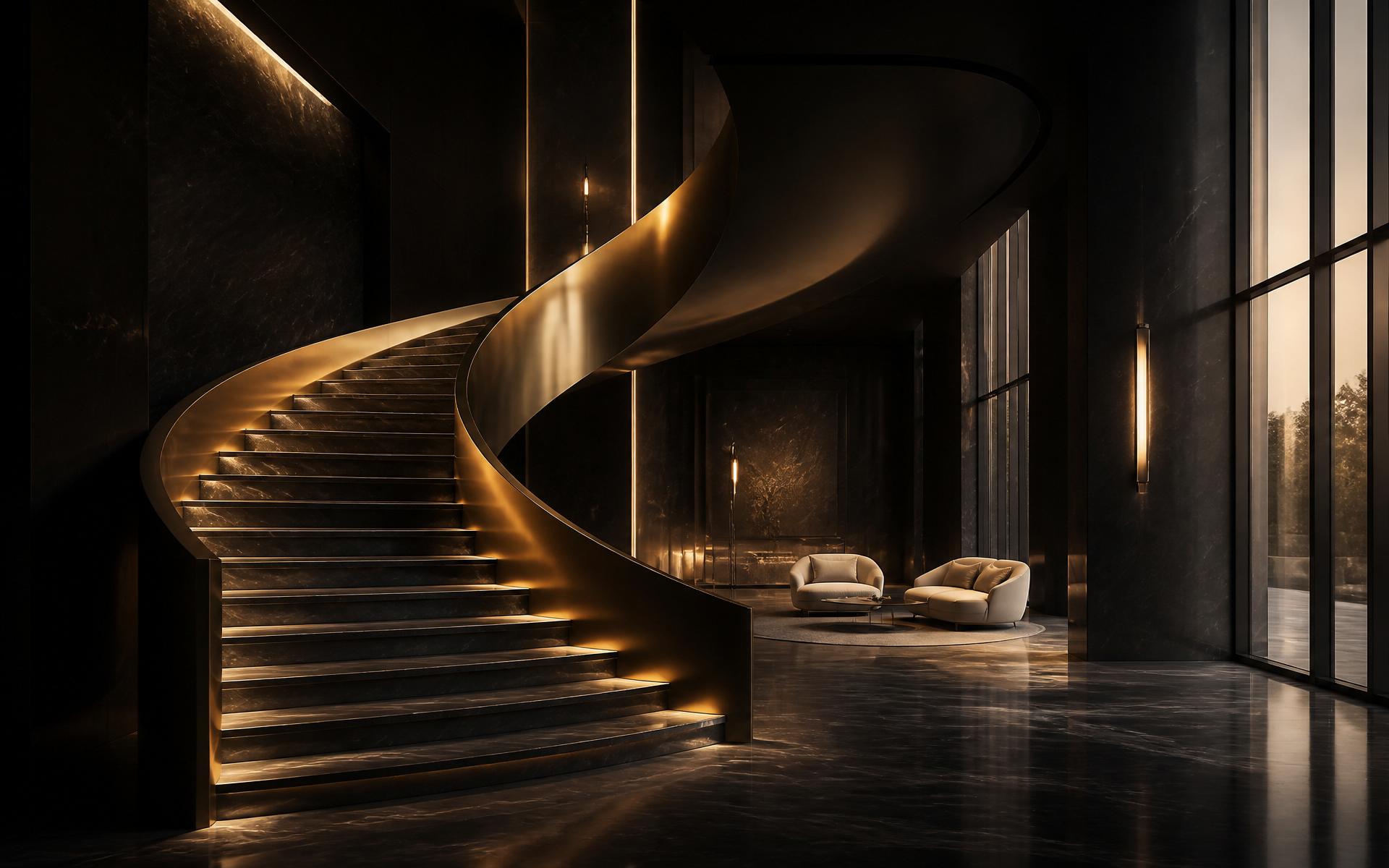 Luxurious dark architectural interior with sweeping brass staircase